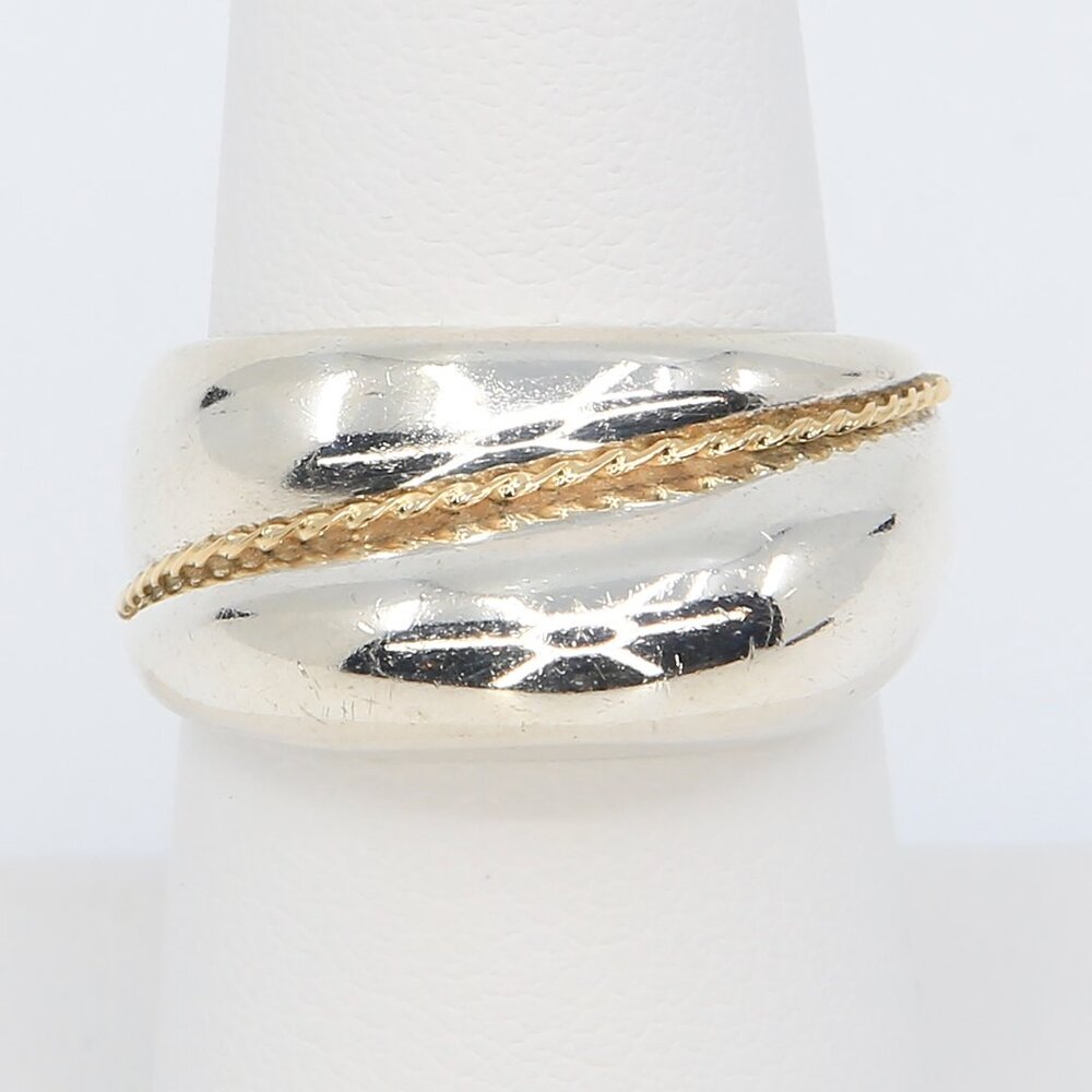 Vintage Chunky Sterling Silver With 18K Gold Twisted Rope Ring Size‎ 6.75 1980s
